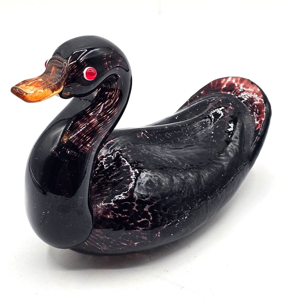 Murano Style Art Glass Black Swan Figurine - Vintage Purple Flecked Paperweight